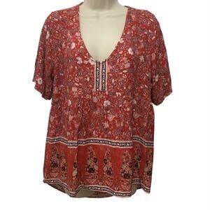 Knox Rose Boho Short Sleeve Blouse Red Paisley Floral Rayon Large
